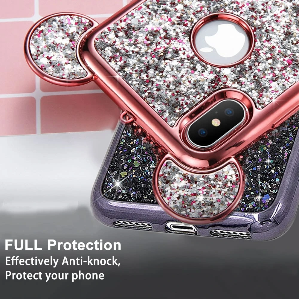 LAPOPNUT Bling Glitter Cover Diamond 3D Mouse Ears Slim Plating Phone Case for IPhone 11 Pro Xs Max X Xr 8 7 Plus 6 6s 5 5S SE | Мобильные
