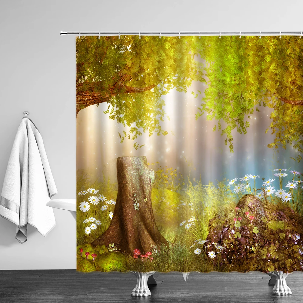 Штора для душа с природным пейзажем s лесной водопад зеленый луг цветок весенний