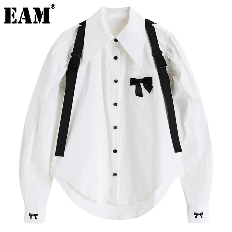 

[EAM] Women Bow Embroidery Big Size Blouse New Lapel Long Sleeve Loose Fit Shirt Fashion Tide Spring Autumn 2022 1DD5040