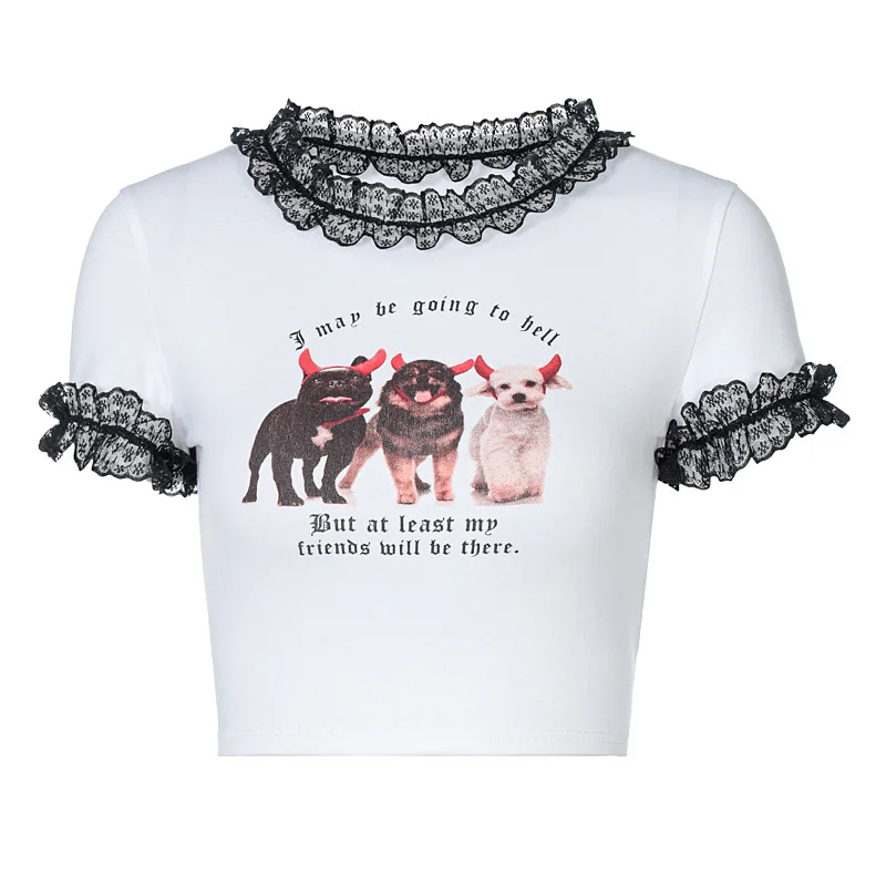 

Women Summer Fashion Lace Short Sleeve Letter Print Slim Short T Shirt Tops Tees 2021 Female Clothing Streetwear