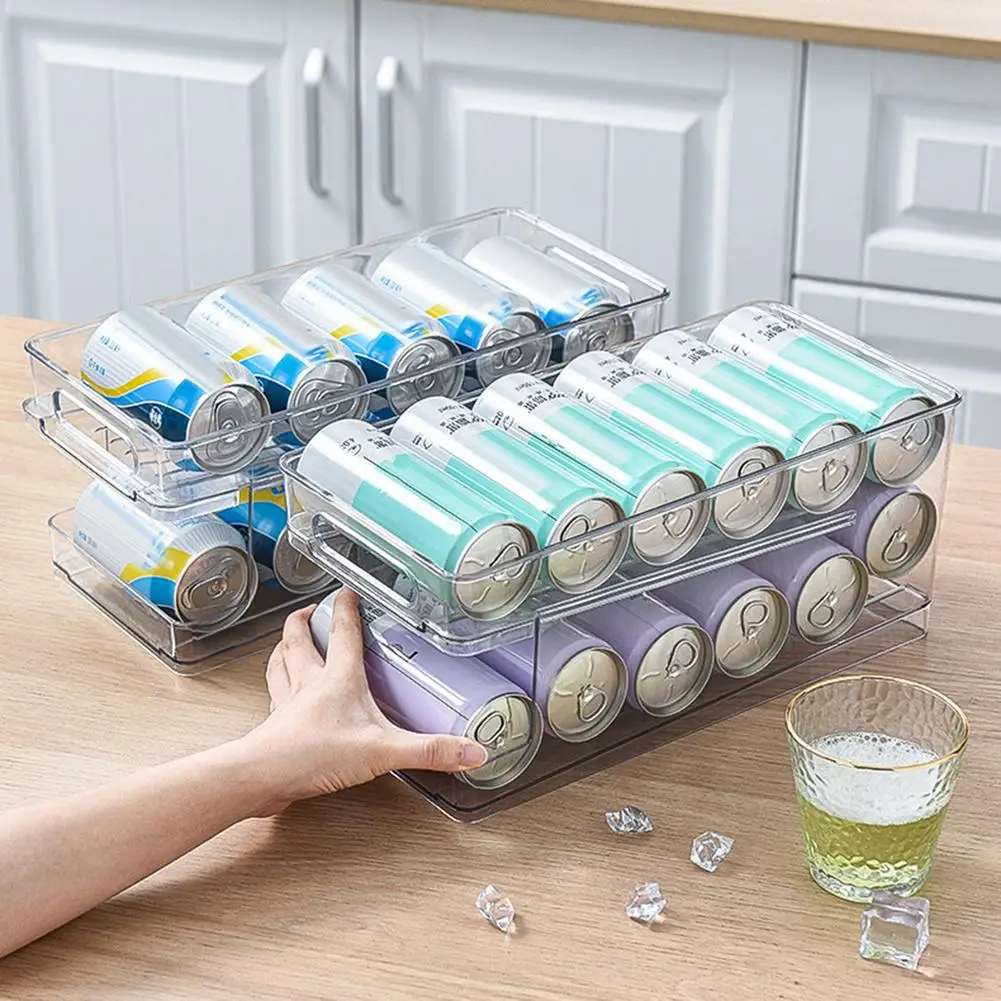 

2-Tier Rolling Refrigerator Organizer Bins Soda Beverage Bottle Self-falling Holder For Kitchen Plastic Storage Rack Container