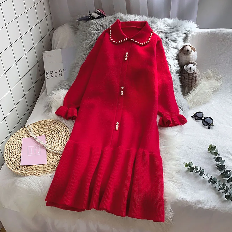 Красное вязаное платье в стиле ретро с бусинами и воротником Питер Пэн для