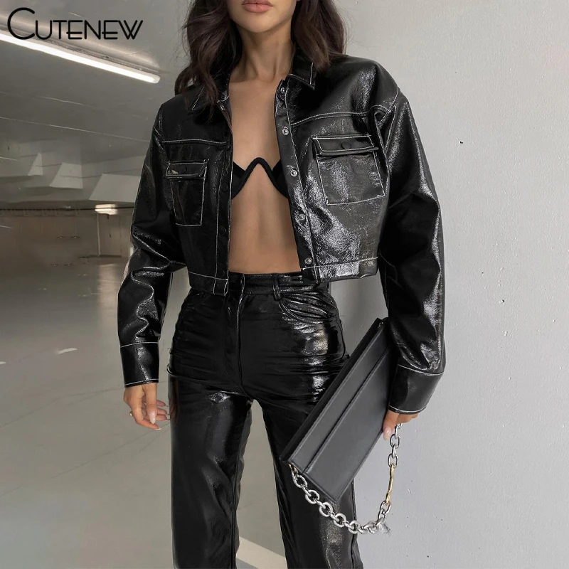 

Cutenew Y2K Gothic Pu Leather Single Button Motorcycle Jacket Women Autumn Fashion Slim Short Coat Solid Casual Lady Streetwear