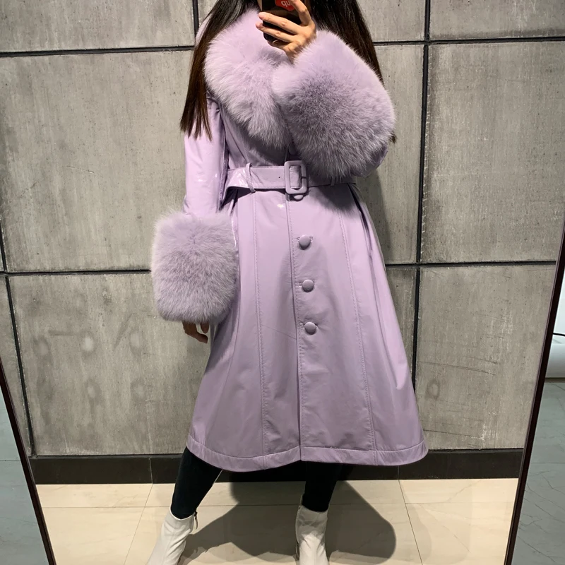 ladies leaher coat long women genuine leather windbreak