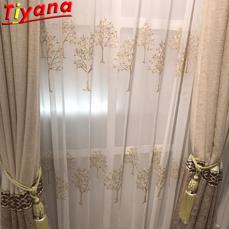 

Embroidered Trees Curtains for Living Room Green Leaves Rural Style Sheer Tulle for Balcony Kitchen Customizable#VT