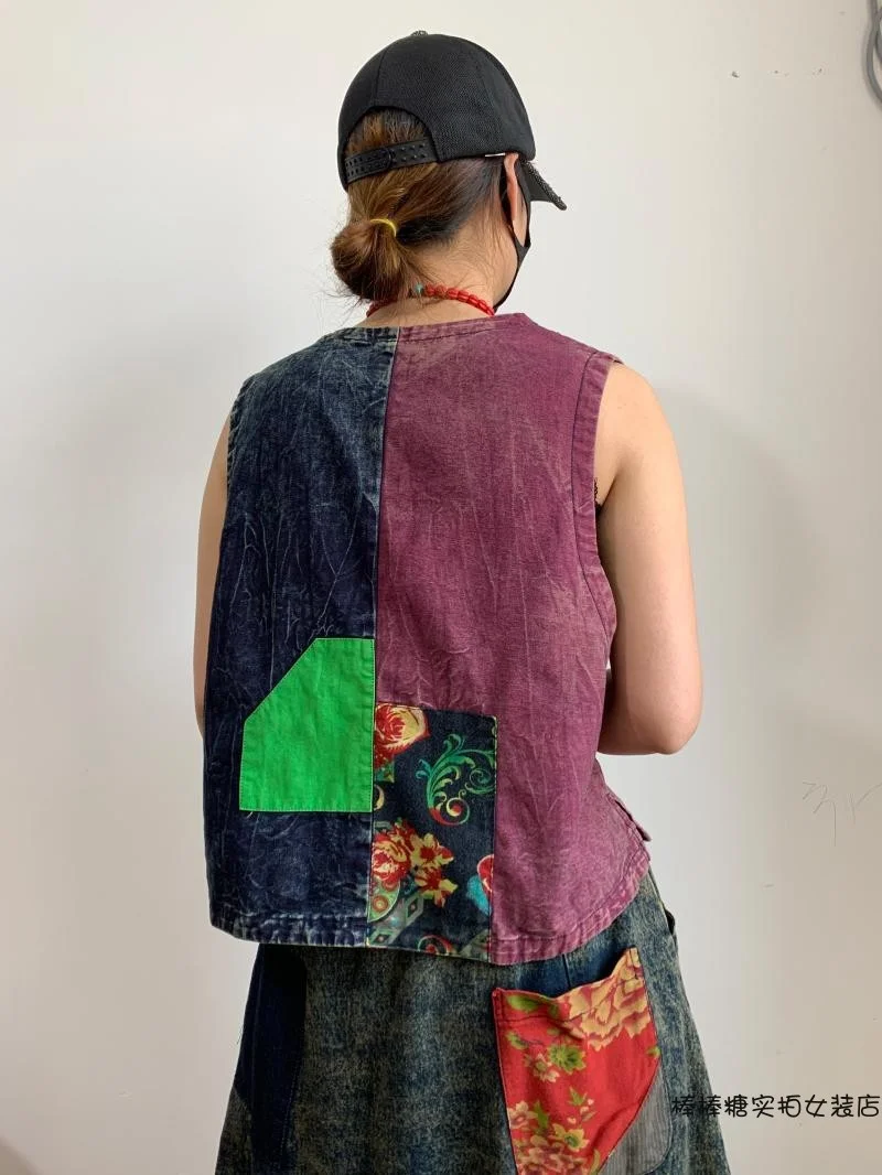 

LYUZHE Vintage Summer Patchwork Denim Vest Women 2021 V-Neck Hole Sleeveless Coat Fashion New Stitching Color Vest Coat QDY197