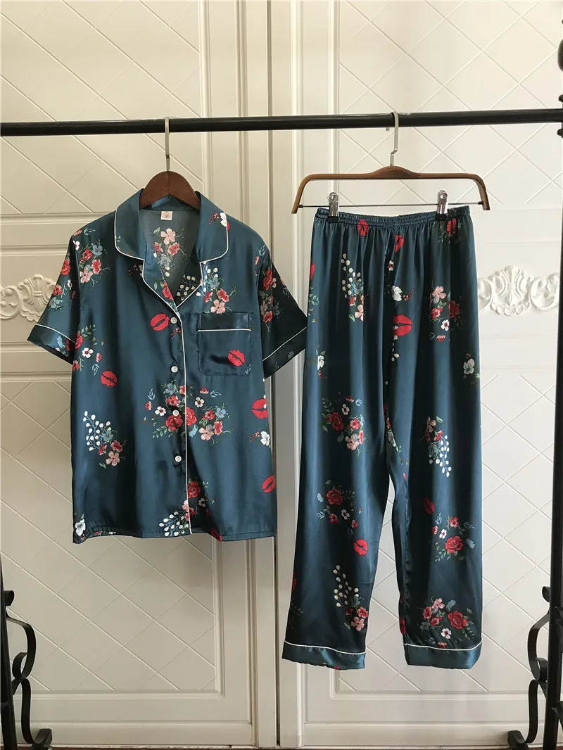 Женская шелковая атласная пижама пижамный комплект с коротким рукавом Пижама