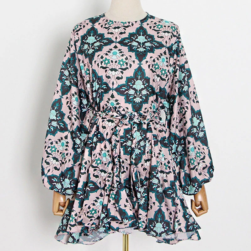 

SeeBeautiful Loose A-line Dress O Neck Lantern Sleeve Ruffles Stitching Floral Printed New Fashion Spring 2021 Women T767