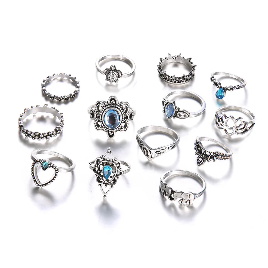 

European and American Jewelry Retro Diamond Carving Crown Star Gem 13 Piece Combination Set Ring Jewelry