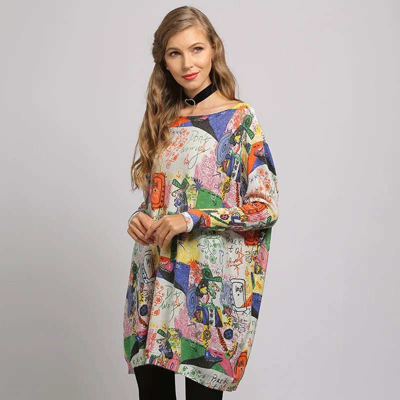 Женское платье-свитер с принтом граффити длинные пуловеры рукавами летучая мышь