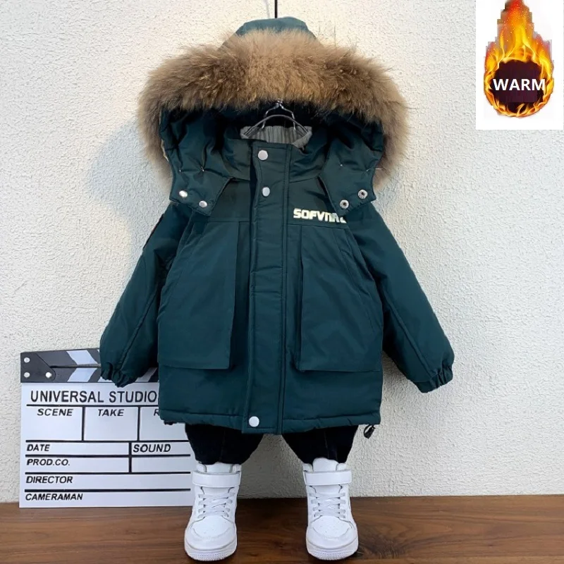 

Baby Boy Girls Jacket Children Clothing Cotton-Padded Kids Winter Thick Hooded Large Fur Collar Outerwear Coat Christmas Parka