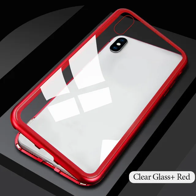 Clear Red Металлический магнитный чехол для iPhone 11 Pro Max XR XS MAX X+ чехол из закаленного стекла на магните для iPhone 8 7 6 6s s Plus чехол - Цвет: Clear Red