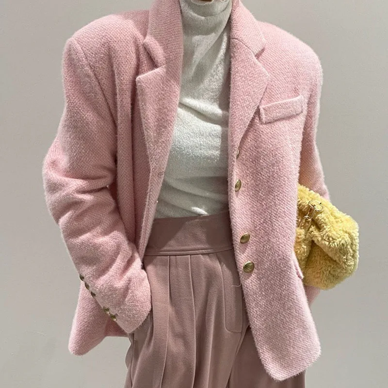 

Autumn Winter Vintage Office Lady Jacket Long Sleeve Single Breasted Turn Down Collar Casual Suit Jackets Women Loose Chic Coat