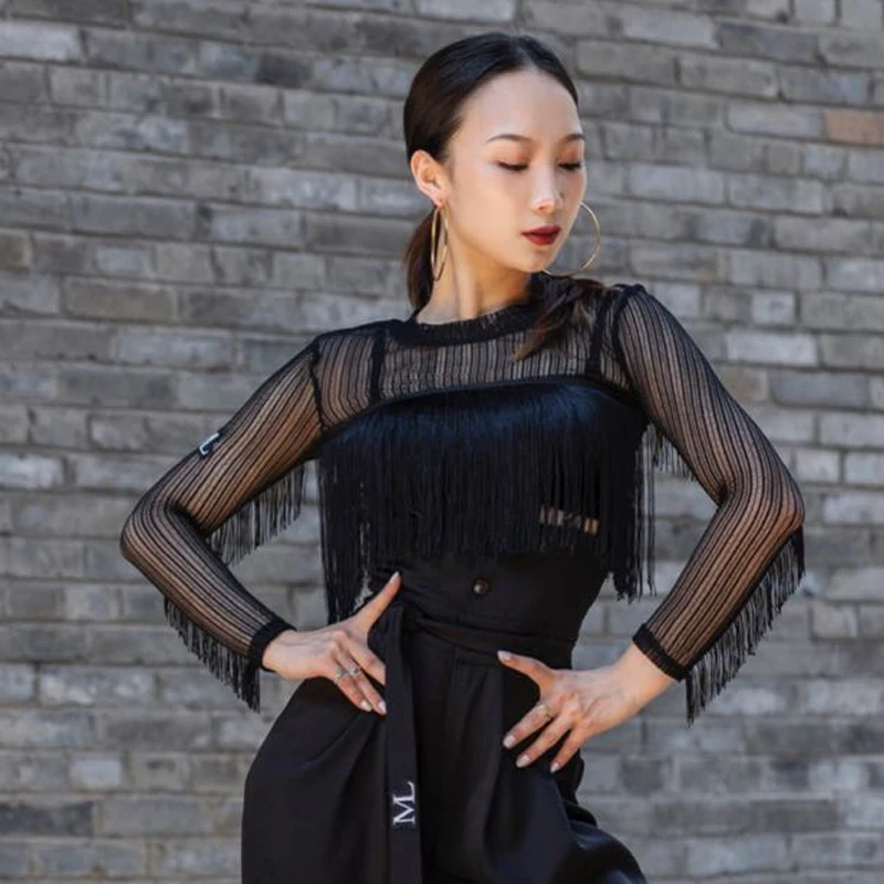 Женские топы для танцев отделанный бахромой латинский сексуальная прозрачная