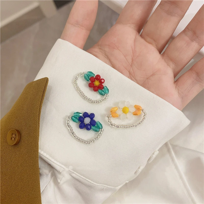 

Braided Blue Flower Ring Red Braided Acrylic Ring White Summer Fresh Ladies Elegant Outdoor Jewelry for Friends Gifts