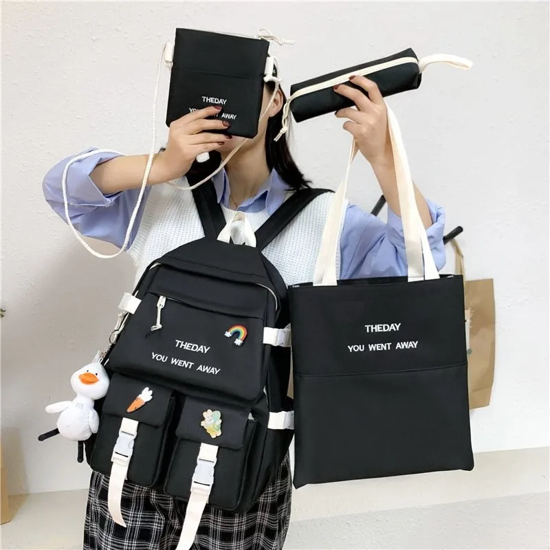 

4-piece Set Solid Color Fashion Women's Backpack Nylon Large Capacity Multi-pocket Schoolbag For Girls Waterproof Travel Bags