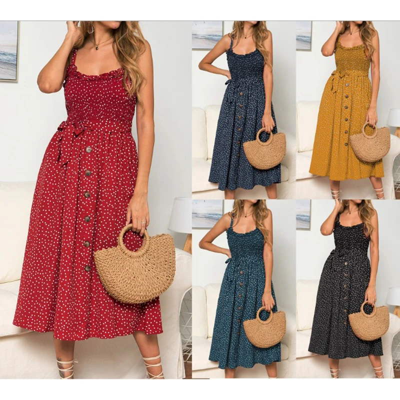 

AL 2021 летнее Новое сексуальное плечо без рукавов свободное плиссированное платье с бантом и оборками в горошек повседневное женское платье ...