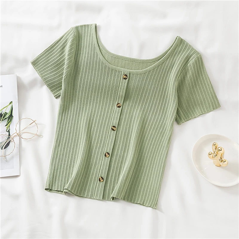 

LJSXLS Summer Solid Thin Knitted Top Women Single Breasted Square Collar Sweaters Women's Casual Short Sleeve Pullovers Femme
