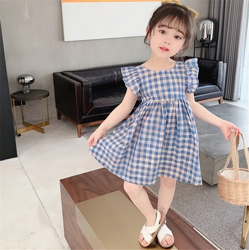 

Летнее платье для девочек, детское платье с оборками на рукавах, клетчатые Детские вечерние платья для девочек, модная одежда для девочек