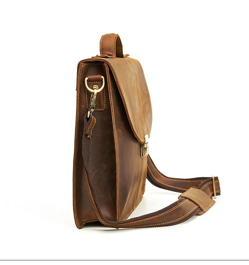 Retro Crazy Horse Leather Men Portable Business Briefcase Daily Work Office 15.6-inch Laptop real leather Shoulder Messenger Bag