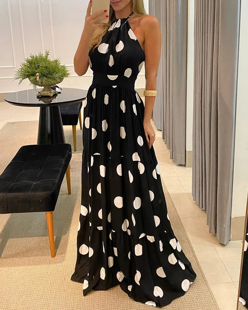 

2021 Women's Clothing Spring Summer Polka Dot Print Halter Backless Ruched Maxi Dress Elegant Party Wedding Sleeveless Runway