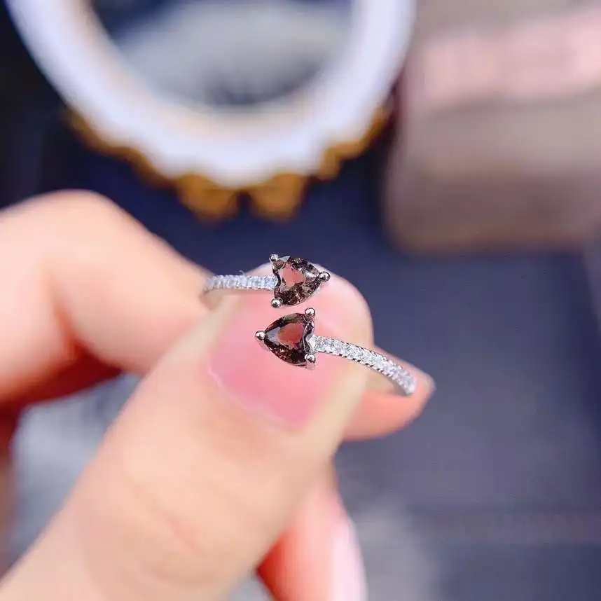 

romantic symmetric double heart Natural Tea crystal ring S925 silver natural crystal ring girl women party gift fine jewelry