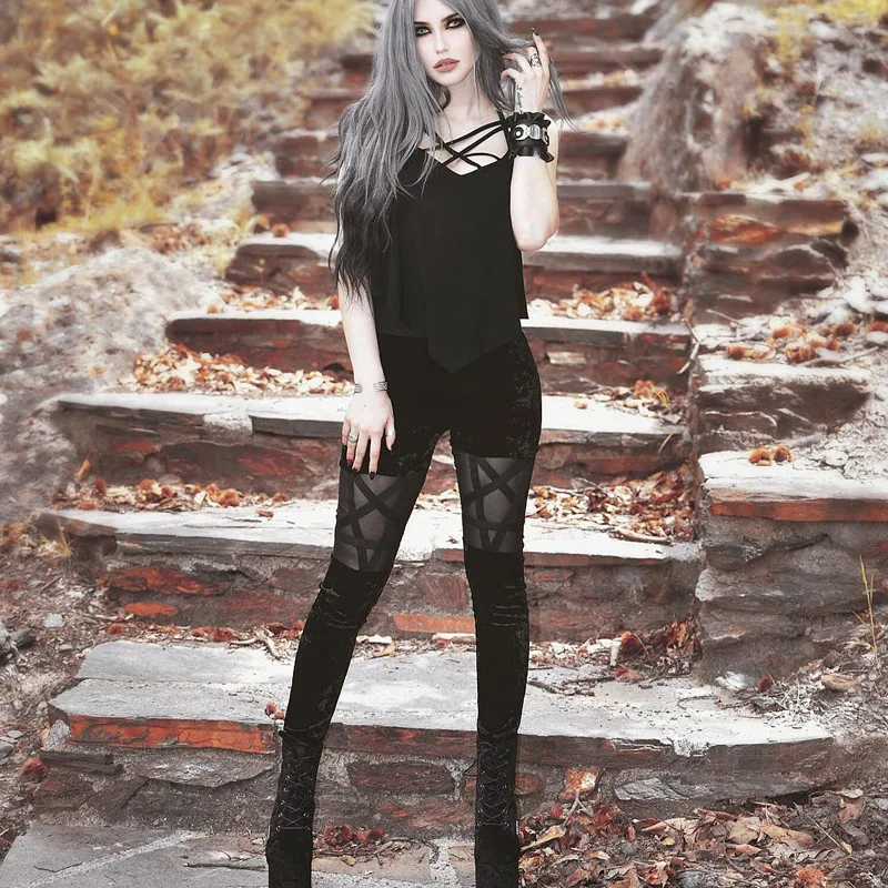 Женские готические черные леггинсы жаккардовые прозрачные облегающие штаны с