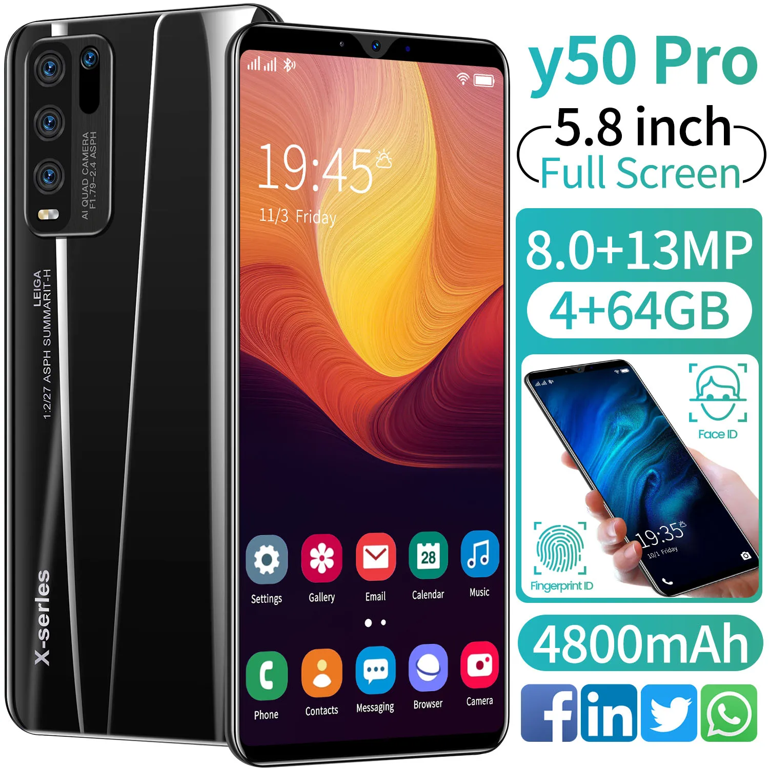 

Y50 Pro Smartphone Android 4GB+64GB 8MP+13MP Unlocked Cell Phones Face Unlock Dual SIM Push-Button Ultra-thin Phone Multiple