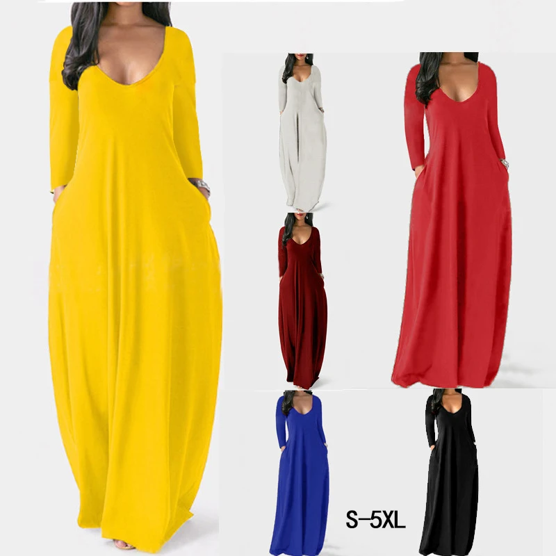 

Solid color women's plus size dress, long sleeves, low cut, V-neck dress, suitable for summer tight sexy club party dress