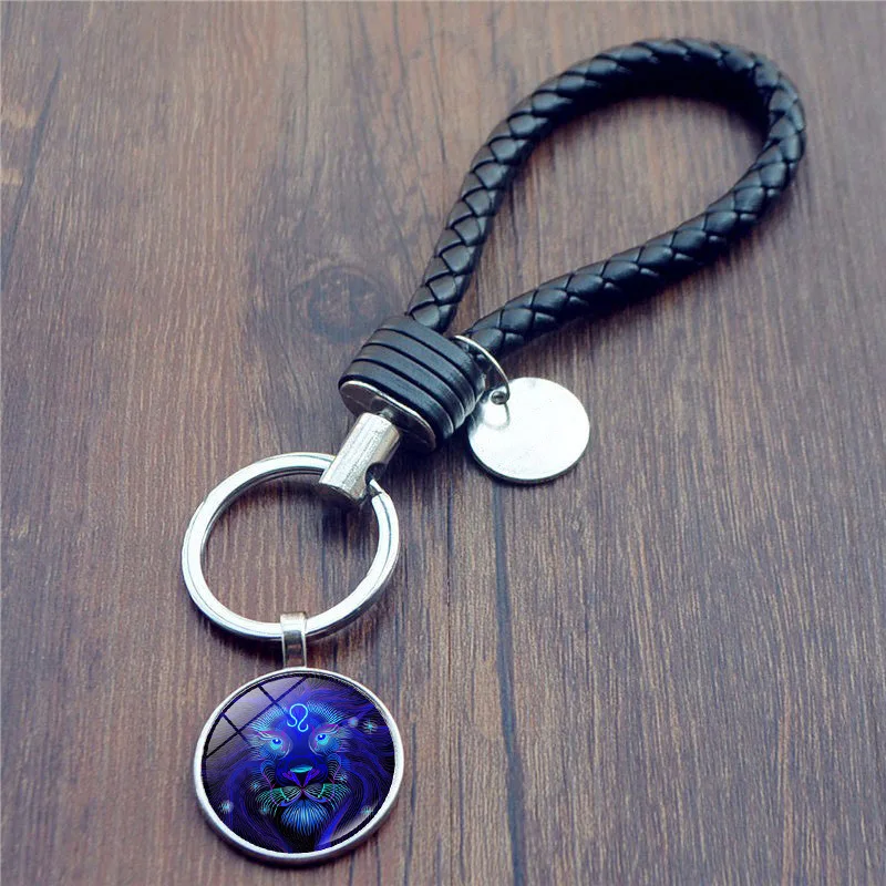 

New Twelve Constellation Leather Cord Key Ring Pendant Time Gem Creative Gift Car Key Pendant Accessories Couple Birthday Gift