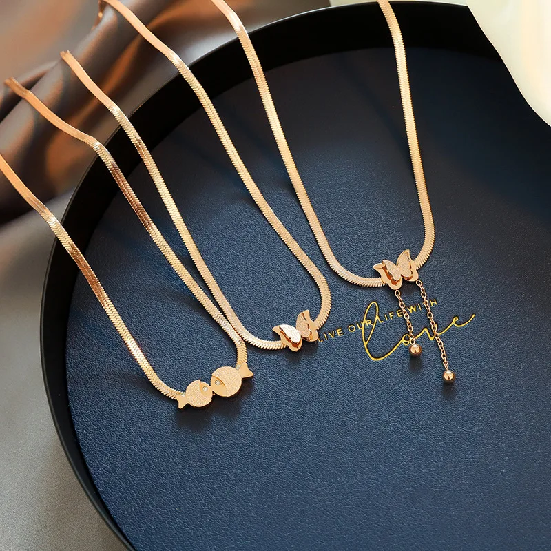 

Fashion Bowknot Tassel Titanium Steel Necklace Female Rose Gold Simple Temperament Net Red Clavicle Chain