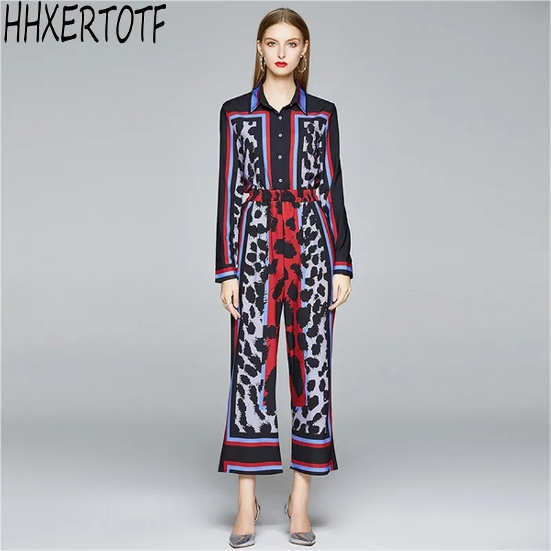 

Fashion Runway Designer Flower Print Blouse Pant Two Piece Set Women long Sleeve Shirt Top + Loose wide leg pants Sets