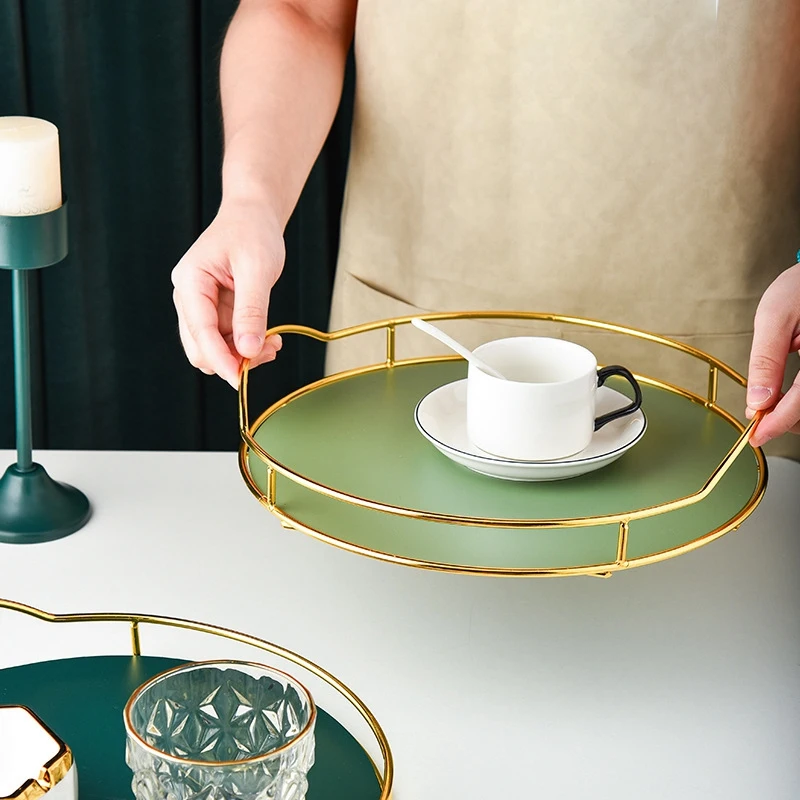 

Light Luxury Round Iron Storage Tray Home Living Room Jewelry Storage Tray Handle Tea Set Storage Tray