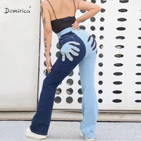 womens pants straight washable handprint printing color contrast waist high jeans hip lift 100cotton casual women jeans 2021
