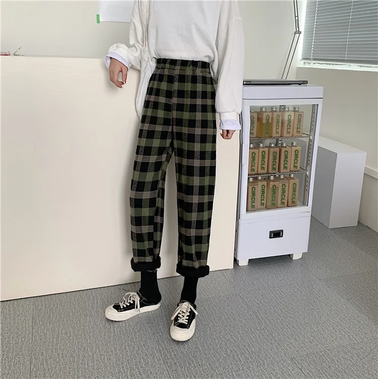 

Will add wool plaid pants big yards female autumn winter casual pants show thin joker thickening of tall waist straight canister