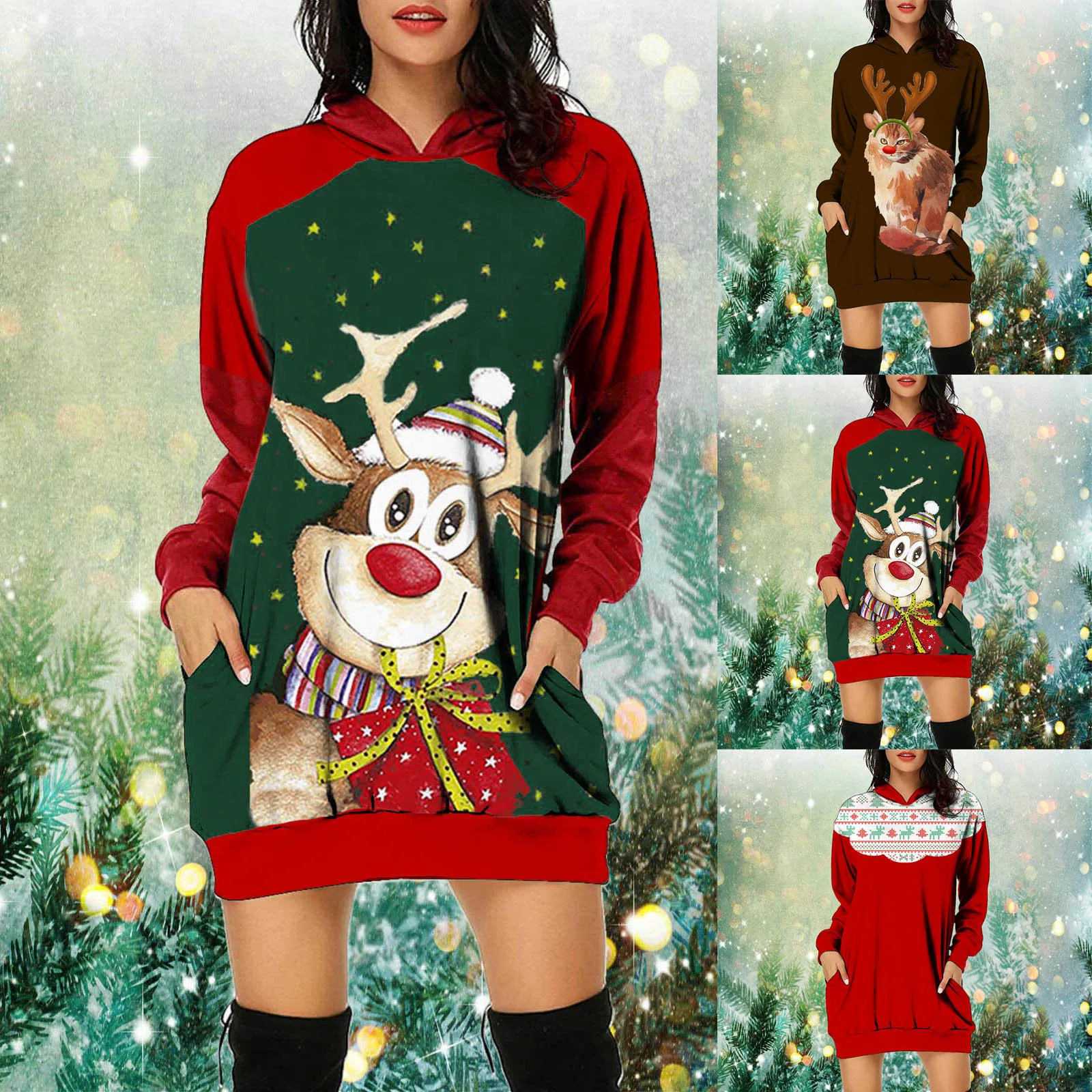 

Женское Повседневное платье с длинным рукавом, платье-свитшот средней длины с капюшоном и сумочкой на бедрах, с рождественским принтом лося...