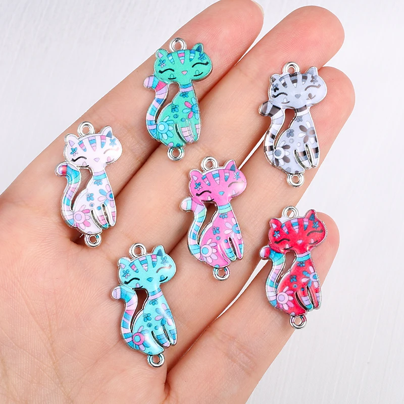 

Silver Plated Enamel Colorful Cat Charm Connectors for Jewelry Making Bracelet Necklace Craft DIY Accessories 30x15mm 6pcs