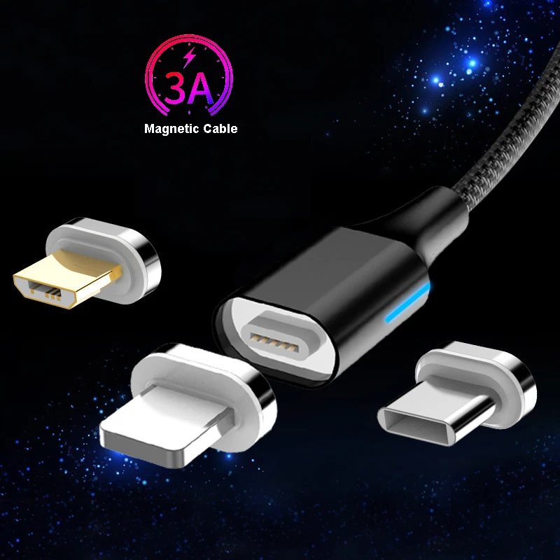 Магнитный светодиодный кабель 3A Micro USB Type C для быстрой зарядки и передачи данных