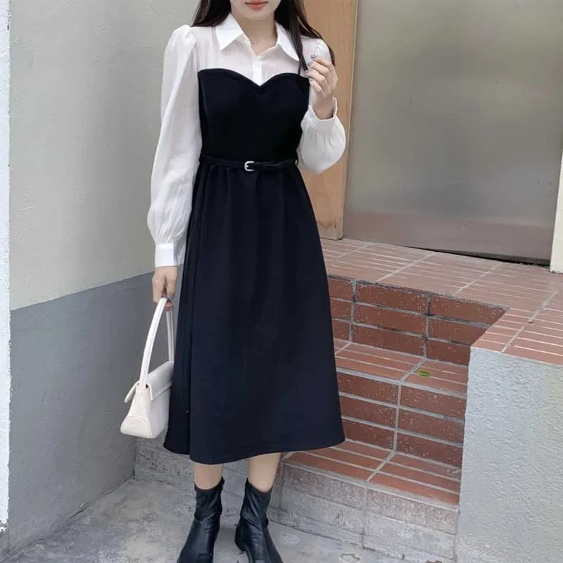 

French Splicing Fake Two Pieces Ladies Dress New Spring Autumn 2021 Fashion Long Sleeves Dress Korean Women One-Piece Dresses