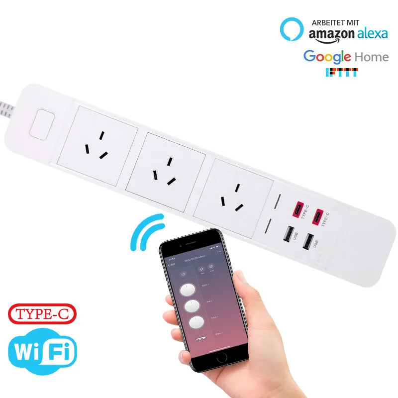Wifi 3 AU Smart Power Strip 3 Outlets Socket 2 USB 2 Type-c 3.0A Quick Charge Voice Control for Alexa Google Assistant