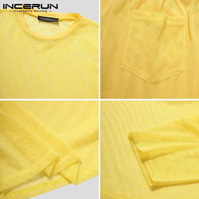 

Men Mesh Sets See Through Short Sleeve Crop Tops Shorts Solid Color Breathable Party Streetwear Casual Men Suits INCERUN S-5XL