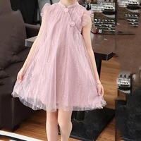 2021 sweet pink solid princess dress summer girl solid color mesh lace clothing childrens clothes baby girls dress casual wear