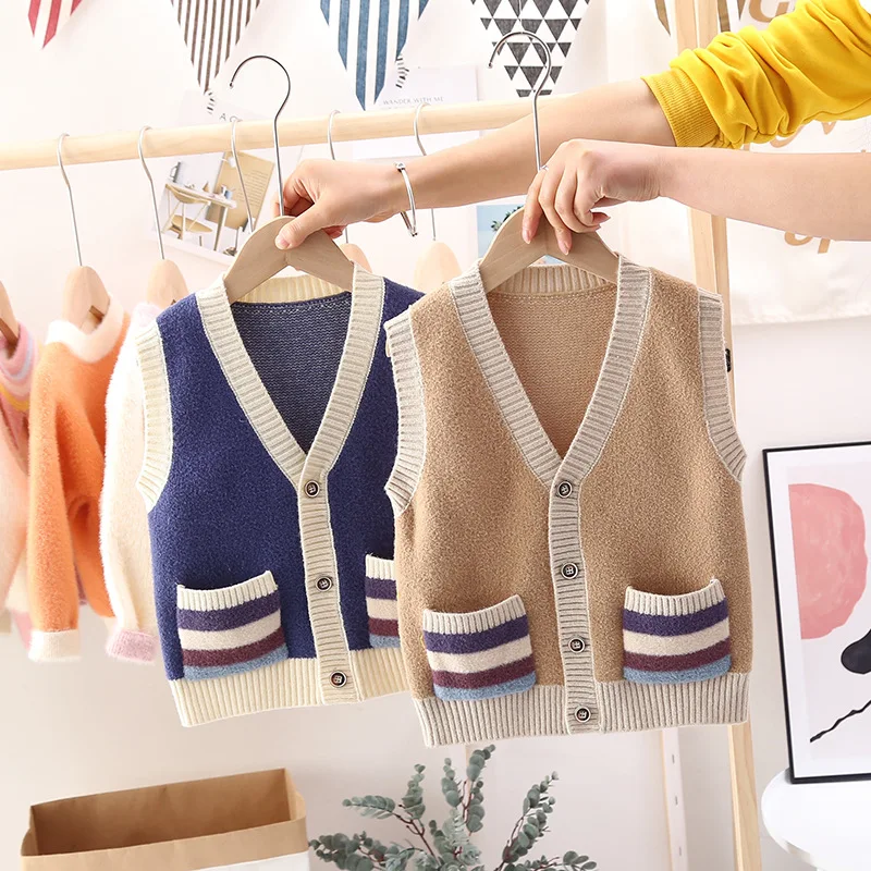 

2021 новая весенняя одежда в Корейском стиле для маленьких мальчиков и жилет для девочек, кардиган, свитер с карманом Жилеты Вязаный жилет для...