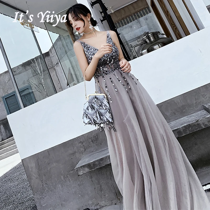 Женское вечернее платье с V образным вырезом It's Yiiya серое длинное блестками и