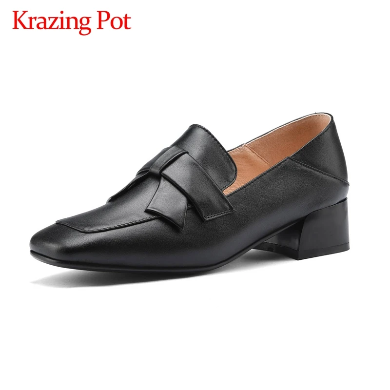 

Krazing Pot simple style genuine leather butterfly-knot deep mouth square toe med heel slip on office lady dress women pumps L41