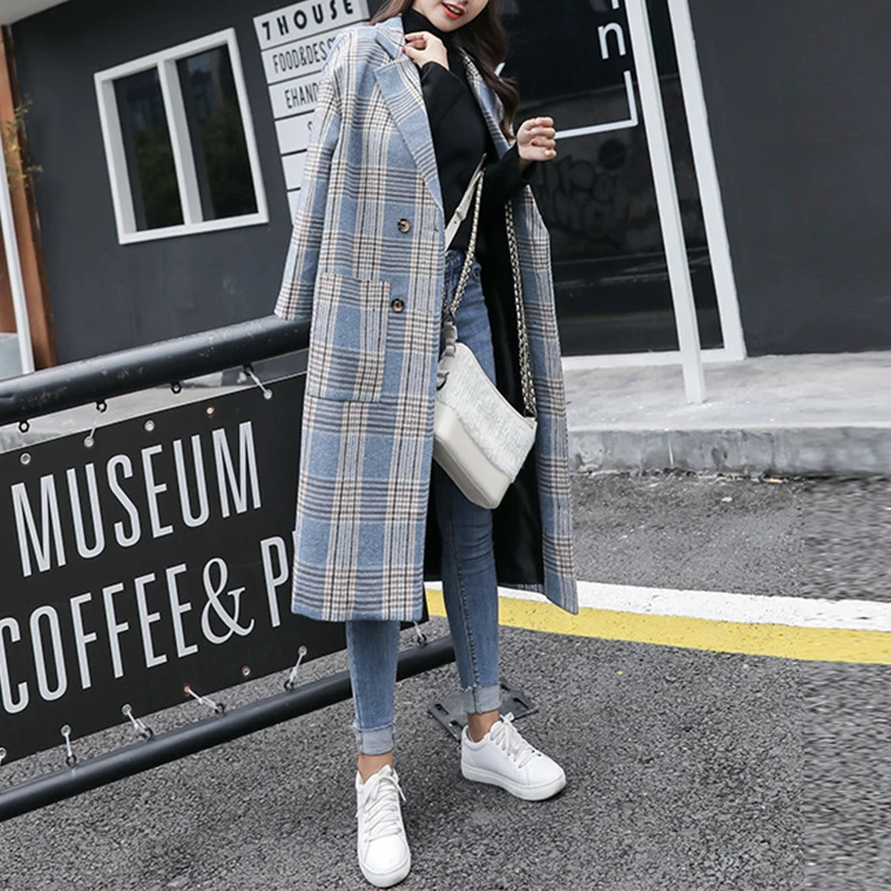 Синяя Клетчатая верхняя одежда длинное пальто с карманами в консервативном