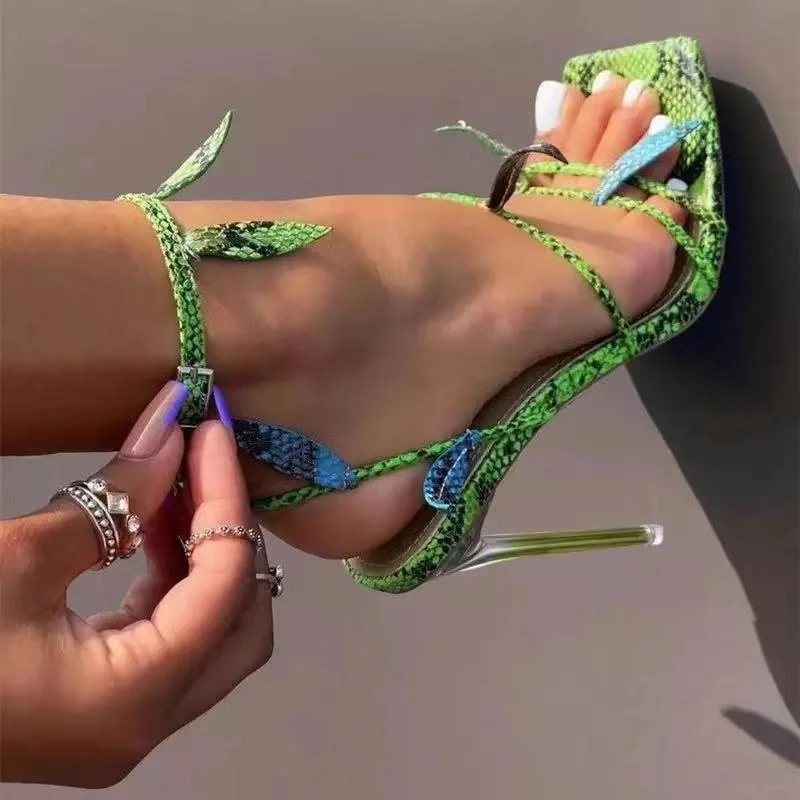 

Green Snake Print Summer Sandals Women Ankle Strap Square Toe Ladies Shoes Crystal High Heels Fashion Leaves Sandals New2021
