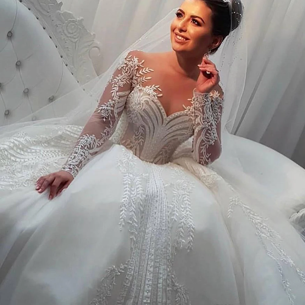 Vestidos de noiva manga longa princesa Lace Wedding Dress Appliqué Bead Ball Gown abito da sposa plus size свадебное платье