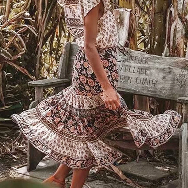 TEELYNN boho юбка коричневая вискоза цветочный принт летняя юбка шнурок талии трапециевидной формы Пляжная одежда Повседневная хиппи длинные юбки falda
