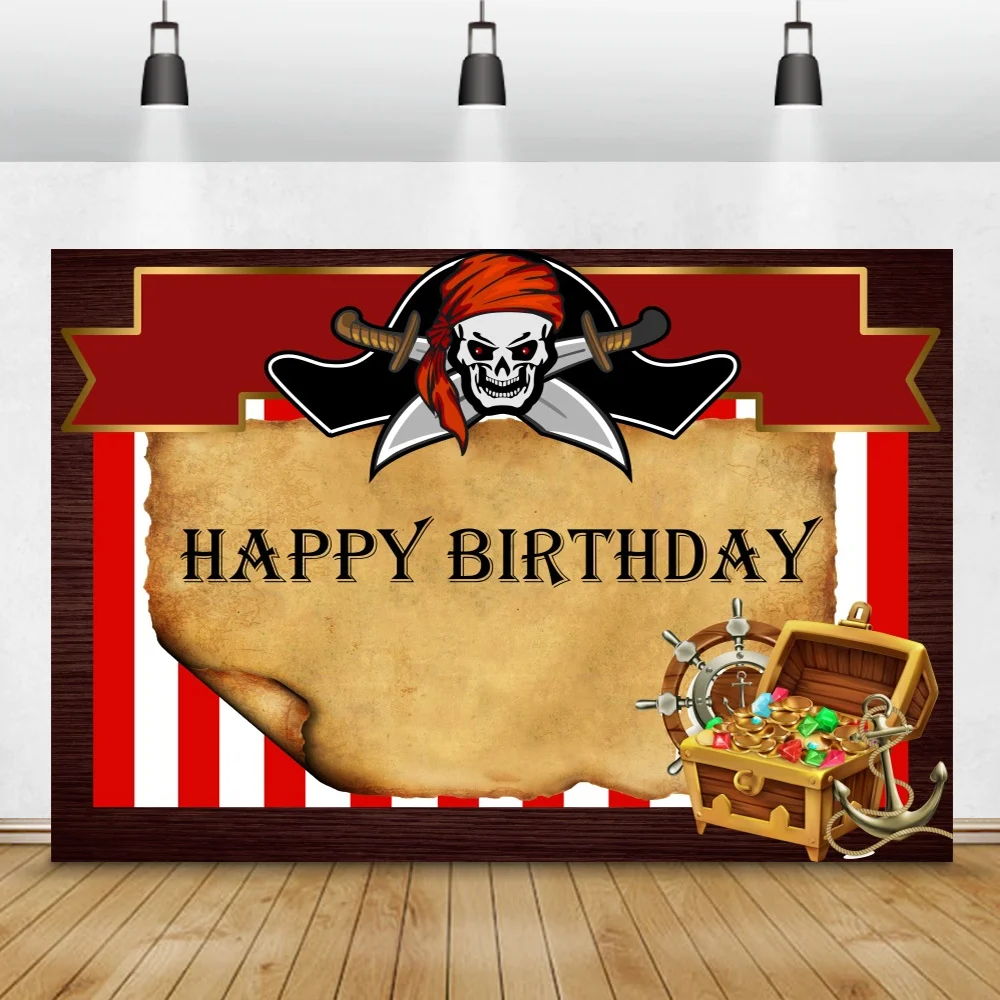 

Laeacco Pirate Baby Birthday Party Treasure Ship Coins Poster Portrait Photography Backdrops Backgrounds Photocall Photo Studio